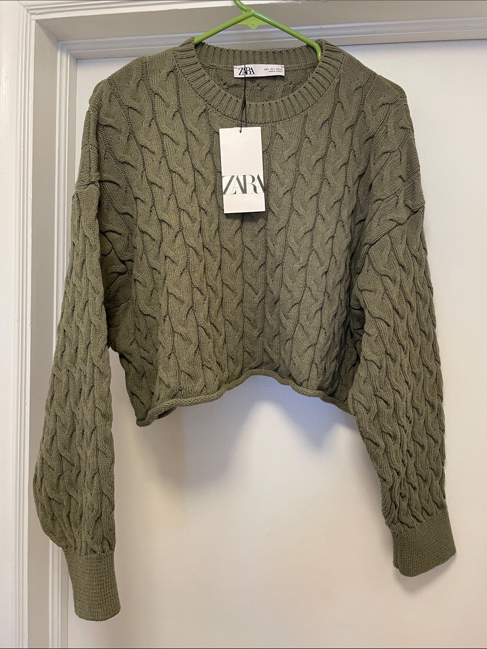 Zara Cropped Olive Cable-Knit Crew Sweater